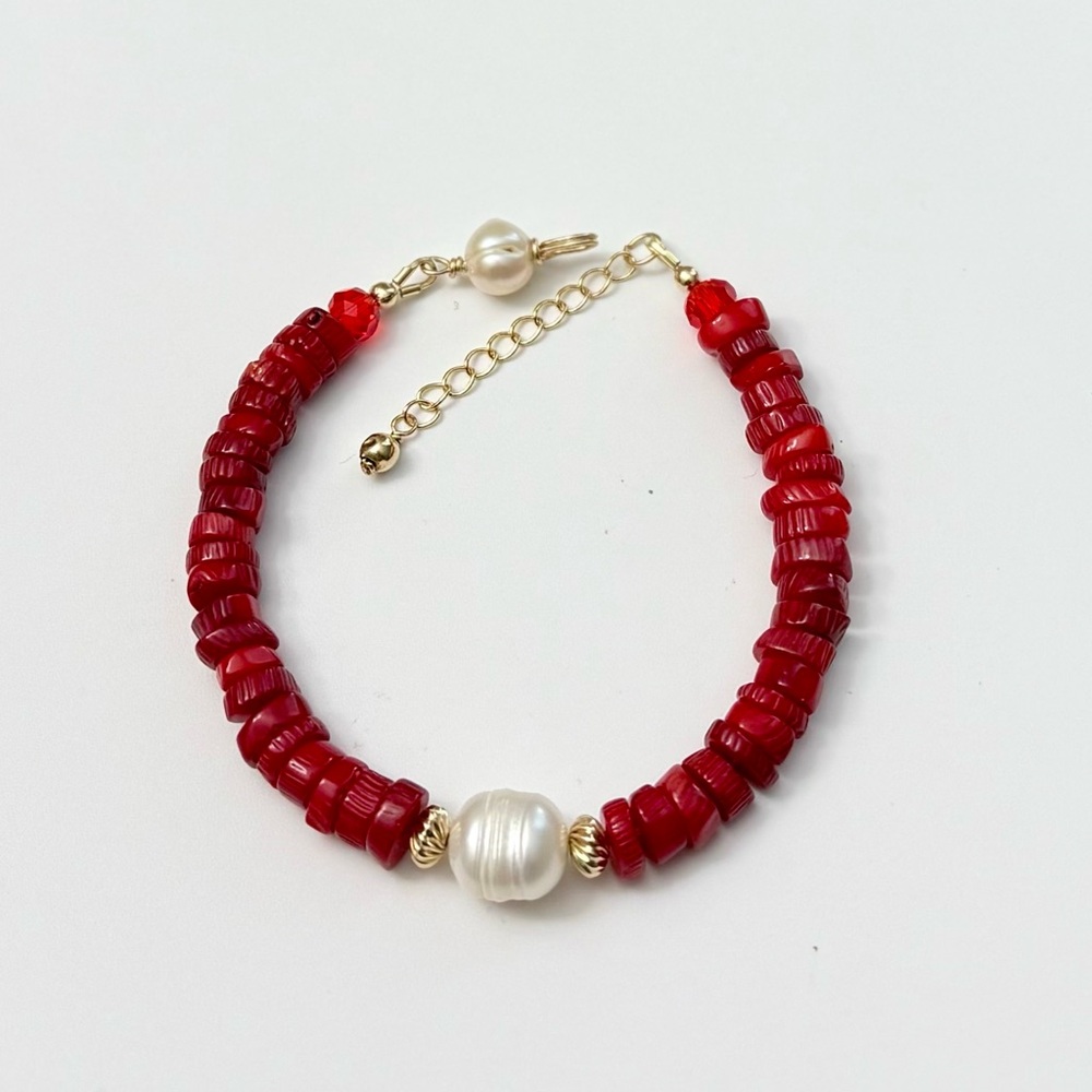 Gold-Filled Red Coral Freshwater Pearl Bracelet with Gold Accents